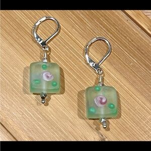 Beautiful Green Painted Rose Bud Square Earrings W/ 925 Silver Lever Back Hooks
